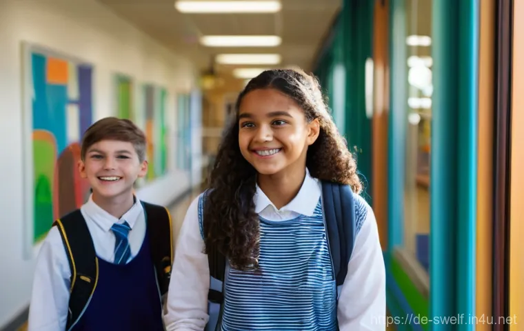 학교사회복지사의 다양한 경력 활용 사례 - **Prompt:** A vibrant and modern German school hallway bustling with a diverse group of cheerful mid...