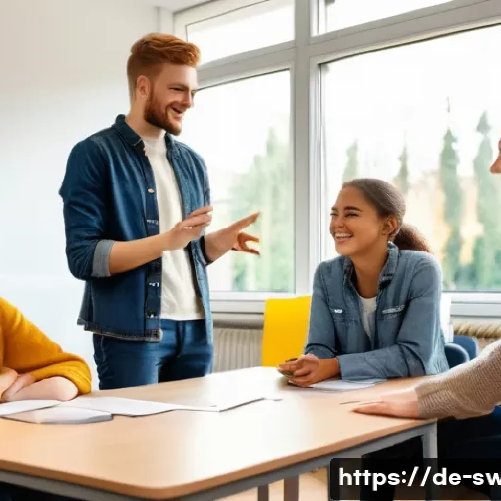 학교사회복지사 심화 학습 자료 - A vibrant school social work workshop scene in a modern German classroom, showing a diverse group of...