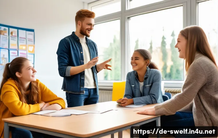 학교사회복지사 심화 학습 자료 - A vibrant school social work workshop scene in a modern German classroom, showing a diverse group of...