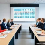 Home 22 학교사회복지사와 학교행정 업무의 연계성 - A modern German school meeting room scene featuring a diverse group of school social workers and adm...