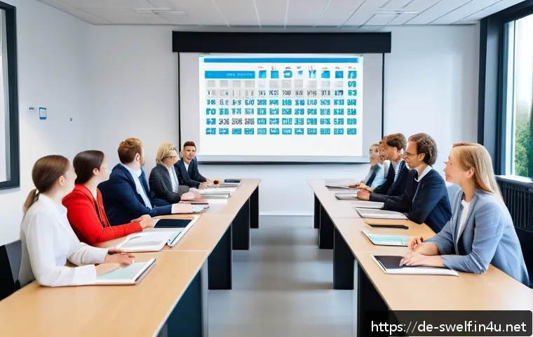 학교사회복지사와 학교행정 업무의 연계성 - A modern German school meeting room scene featuring a diverse group of school social workers and adm...