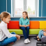 Home 21 학교사회복지사와 아동 학대 예방 - A warm and inviting school social worker’s office scene in a German elementary school, featuring a d...