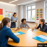 Home 20 학교사회복지사 해외 취업 가능성 - A multicultural school social worker sitting at a round table with diverse students and teachers in ...