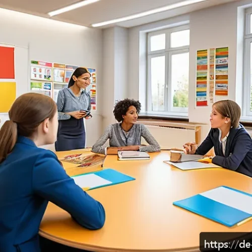Home 32 학교사회복지사 해외 취업 가능성 - A multicultural school social worker sitting at a round table with diverse students and teachers in ...