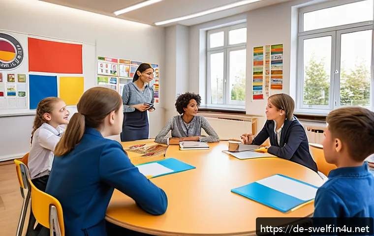 학교사회복지사 해외 취업 가능성 - A multicultural school social worker sitting at a round table with diverse students and teachers in ...