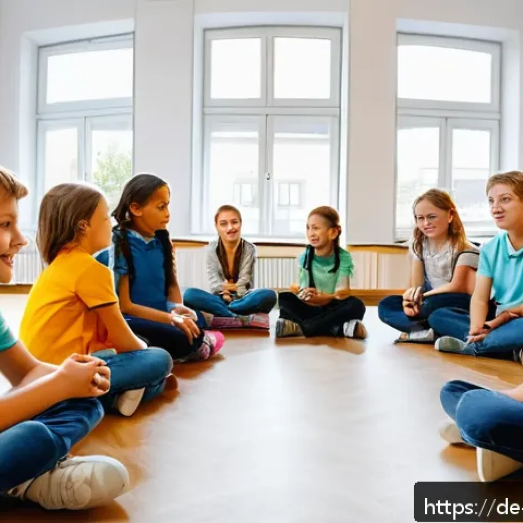 학교사회복지사와 학교폭력 문제 - A bright and modern German classroom scene showing a diverse group of schoolchildren aged around 10-...