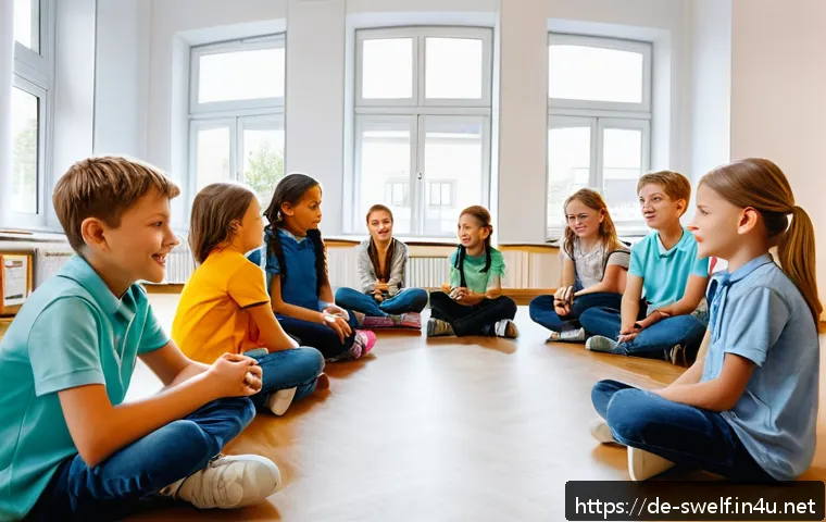 학교사회복지사와 학교폭력 문제 - A bright and modern German classroom scene showing a diverse group of schoolchildren aged around 10-...