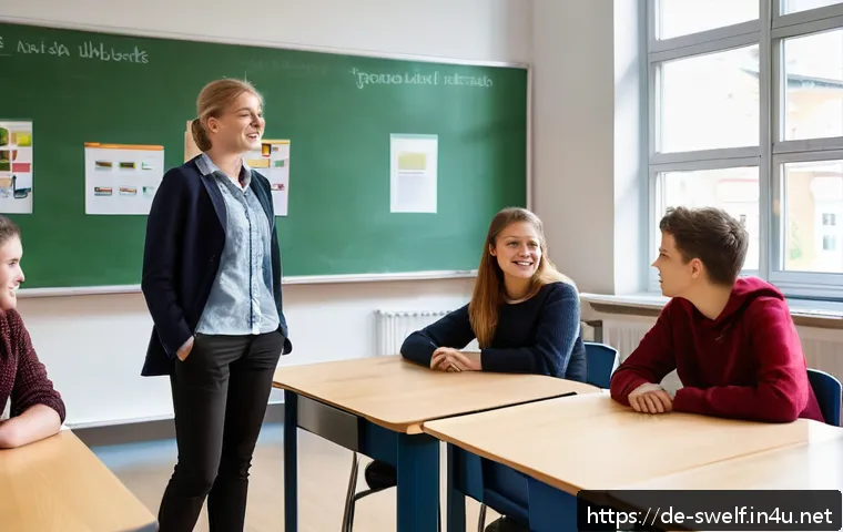 학교사회복지사 인식 개선 방안 - A diverse group of German school social workers in a modern classroom setting, engaged in a collabor...
