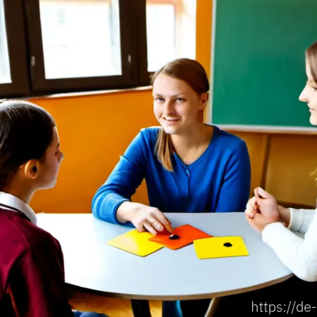 학교사회복지사 이론과 실무 통합하기 - Photorealistic German secondary school counseling room, a compassionate school social worker in mode...