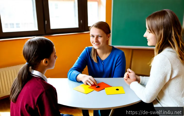 학교사회복지사 이론과 실무 통합하기 - Photorealistic German secondary school counseling room, a compassionate school social worker in mode...